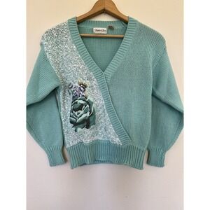 Hunter's Glen VTG Sweater Women Small Aqua Cottagecore Boho